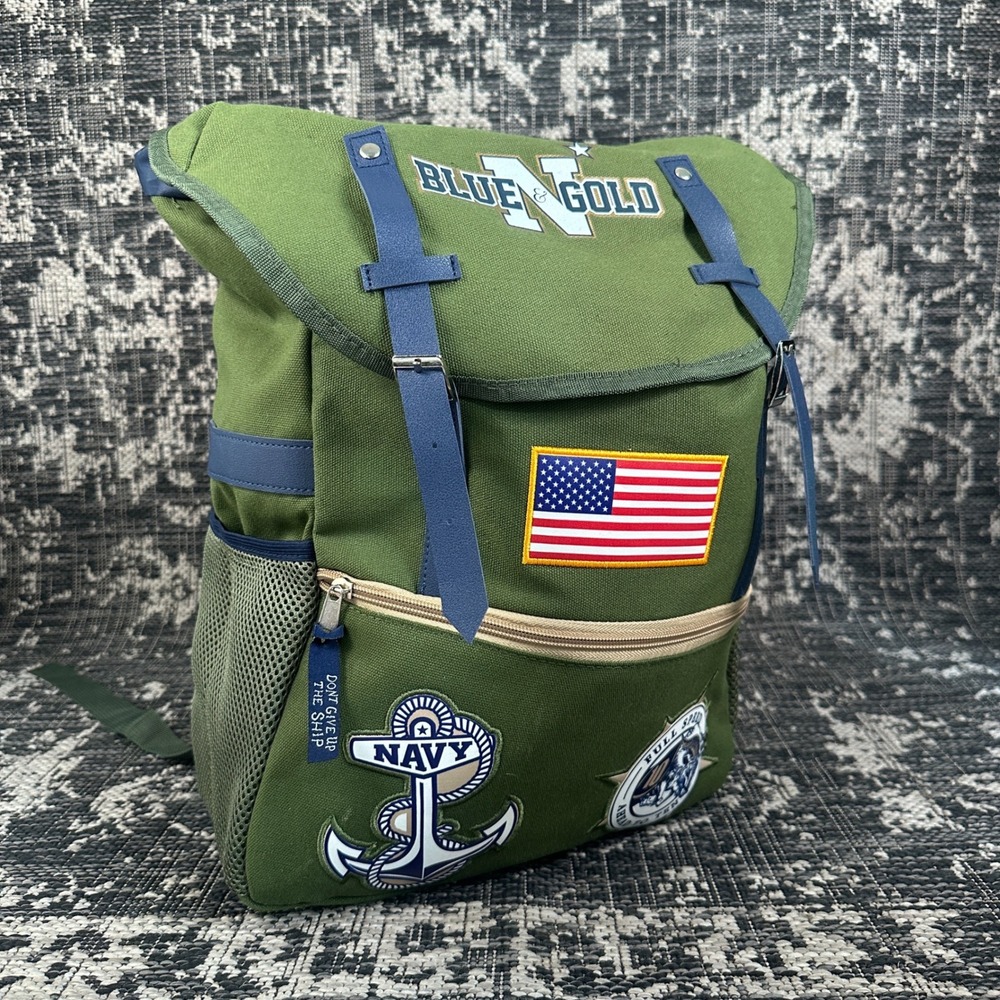 US Navy Blue & Gold Backpack OD Green Military Rucksack Beat Army Style Retro - Picture 2 of 8